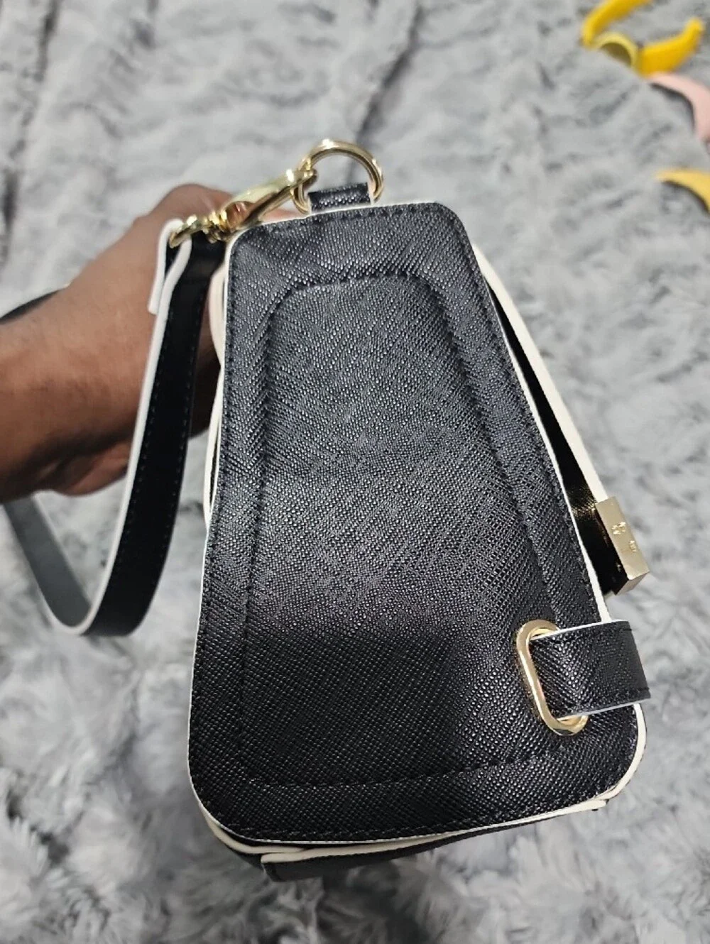 Samantha Thavasa Black Crossbody Bag with White Trim and Gold Hardware